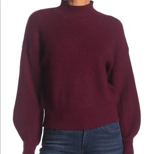 ELODIE Mock Neck Balloon Sleeve Sweater In Wine